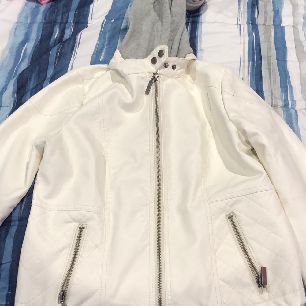 White leather jacket with grey jacket inside